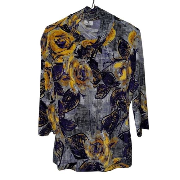 Worthington Women’s Floral Stretch Top L Yellow Purple Gray 3/4 Sleeve Blouse - Picture 2 of 9
